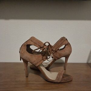 White House Black Market Tan Braided Suede Strappy High Heels